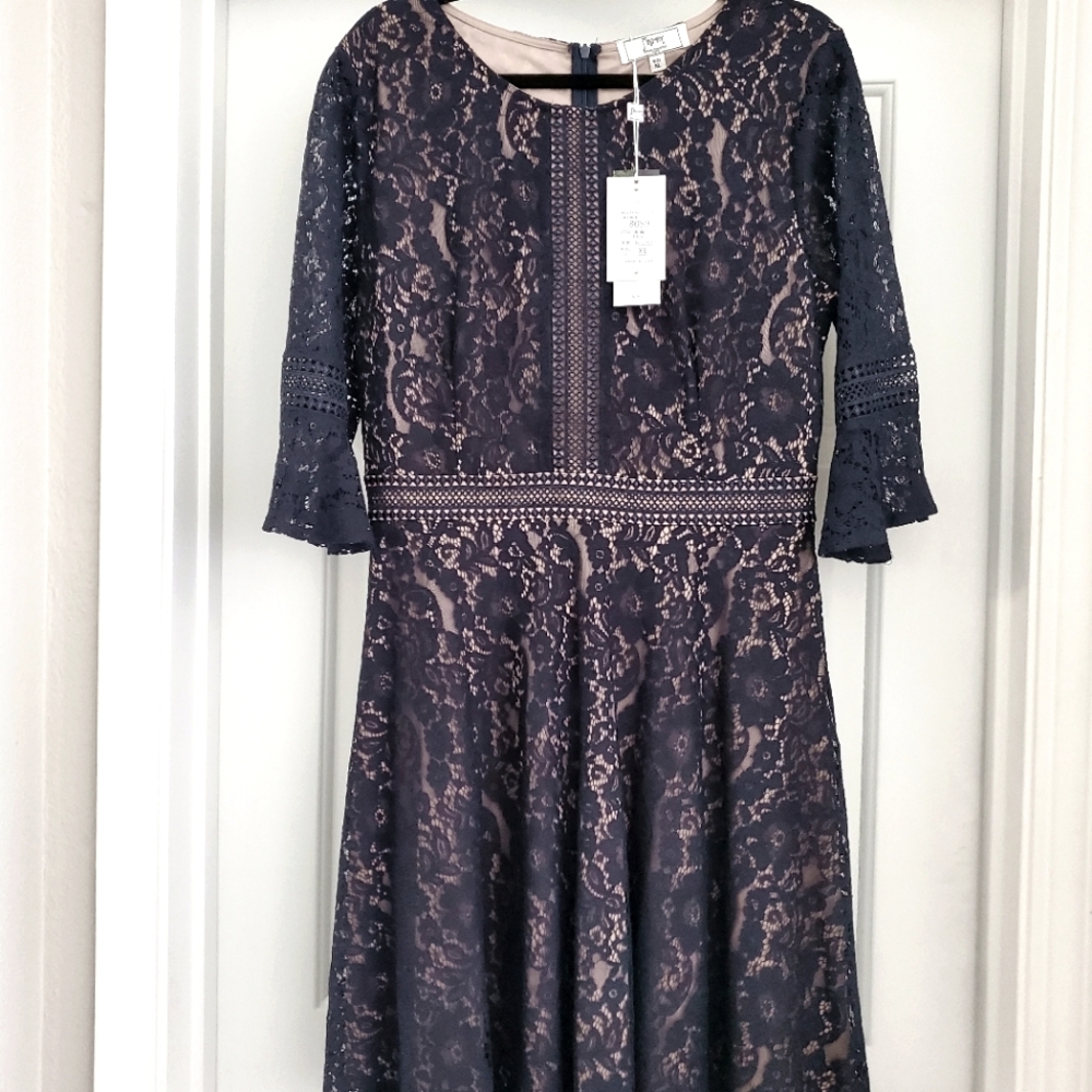 3/4 sleeve navy lace dress with nude underlay